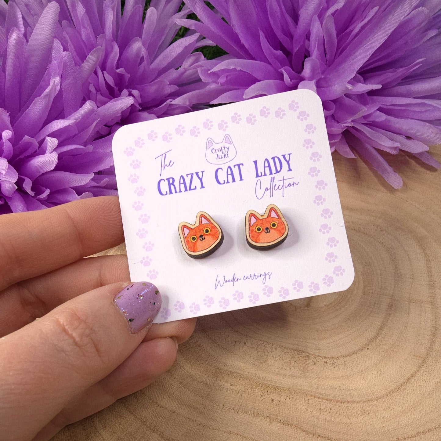 Crazy Cat Lady Wooden Earrings