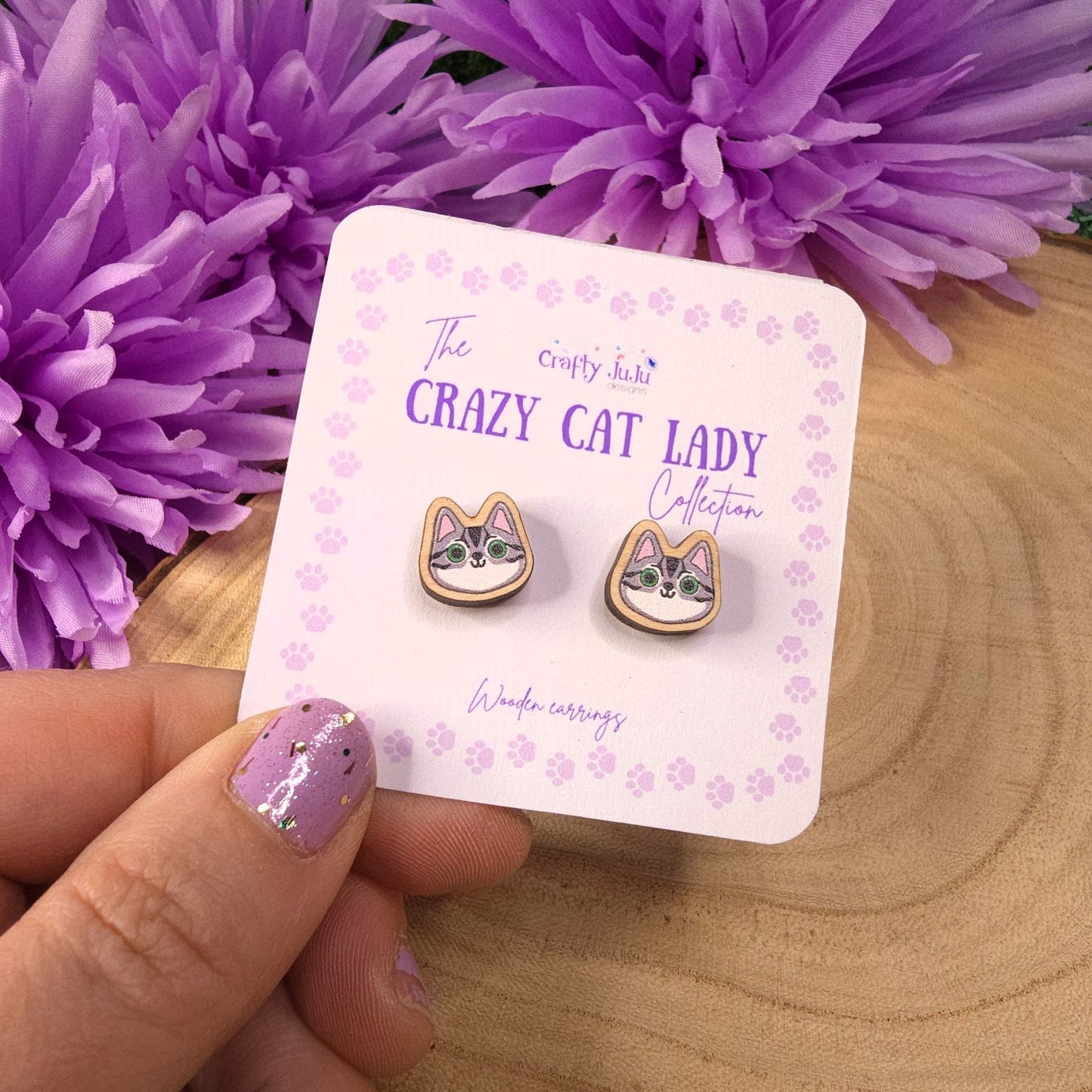 Crazy Cat Lady Wooden Earrings