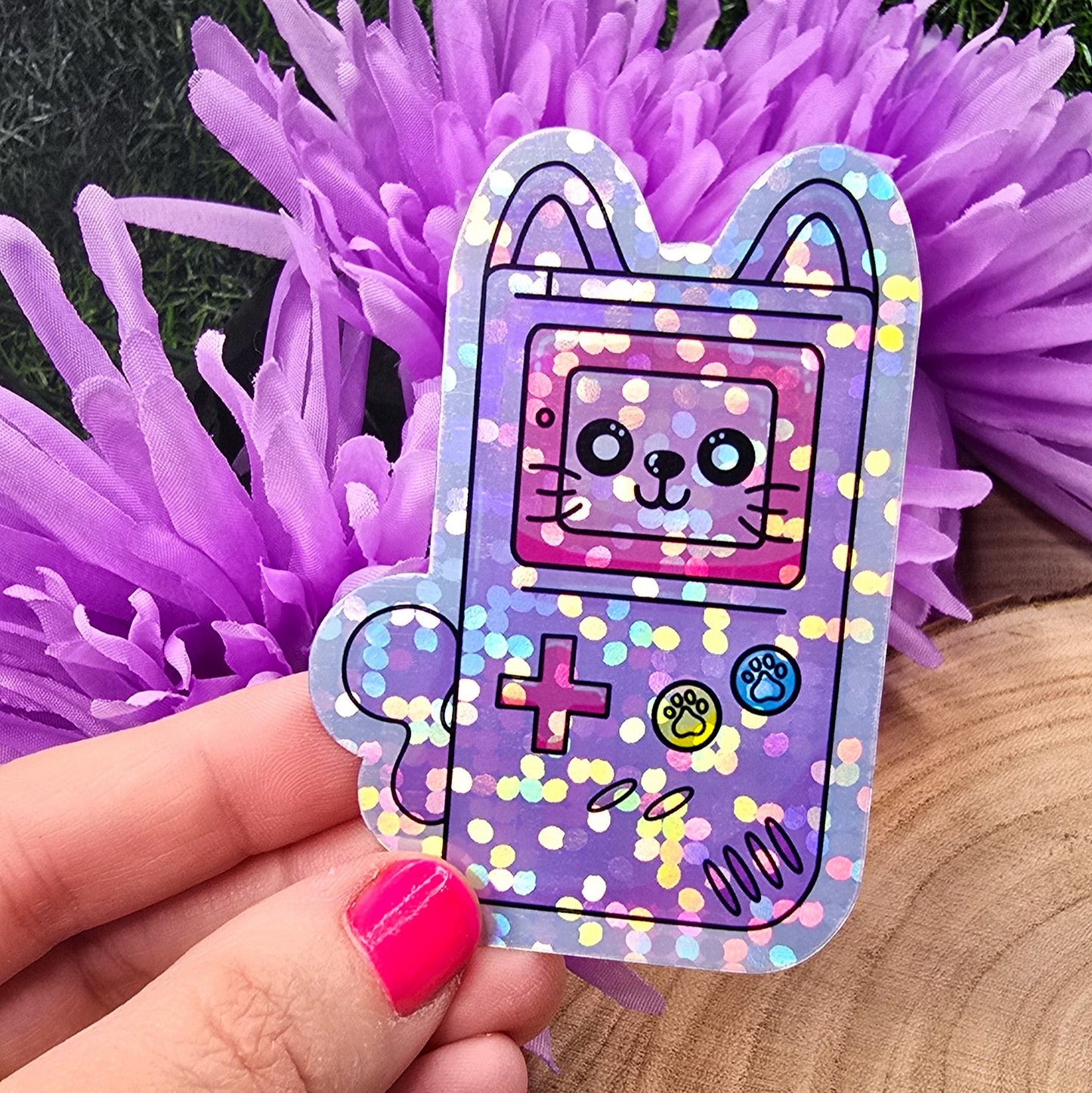 Retro Gamer Cat Themed Large Vinyl Holographic Sticker