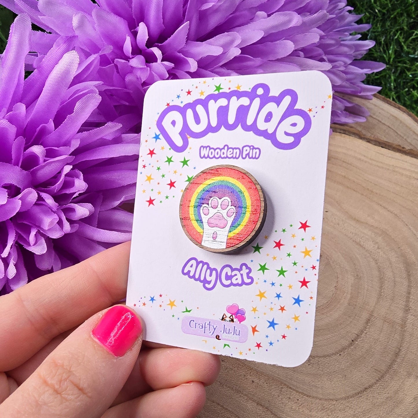 Rainbow Pride Kitty Cat Paw Eco-Friendly Wooden Pin