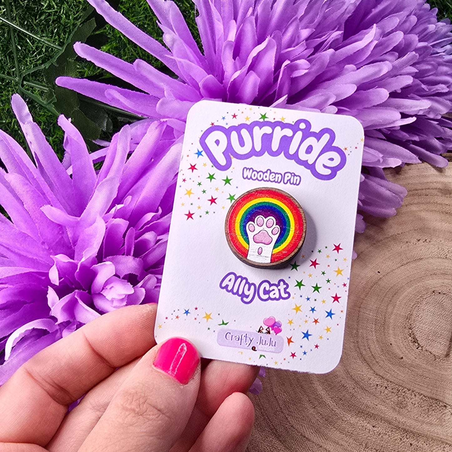 Rainbow Pride Kitty Cat Paw Eco-Friendly Wooden Pin
