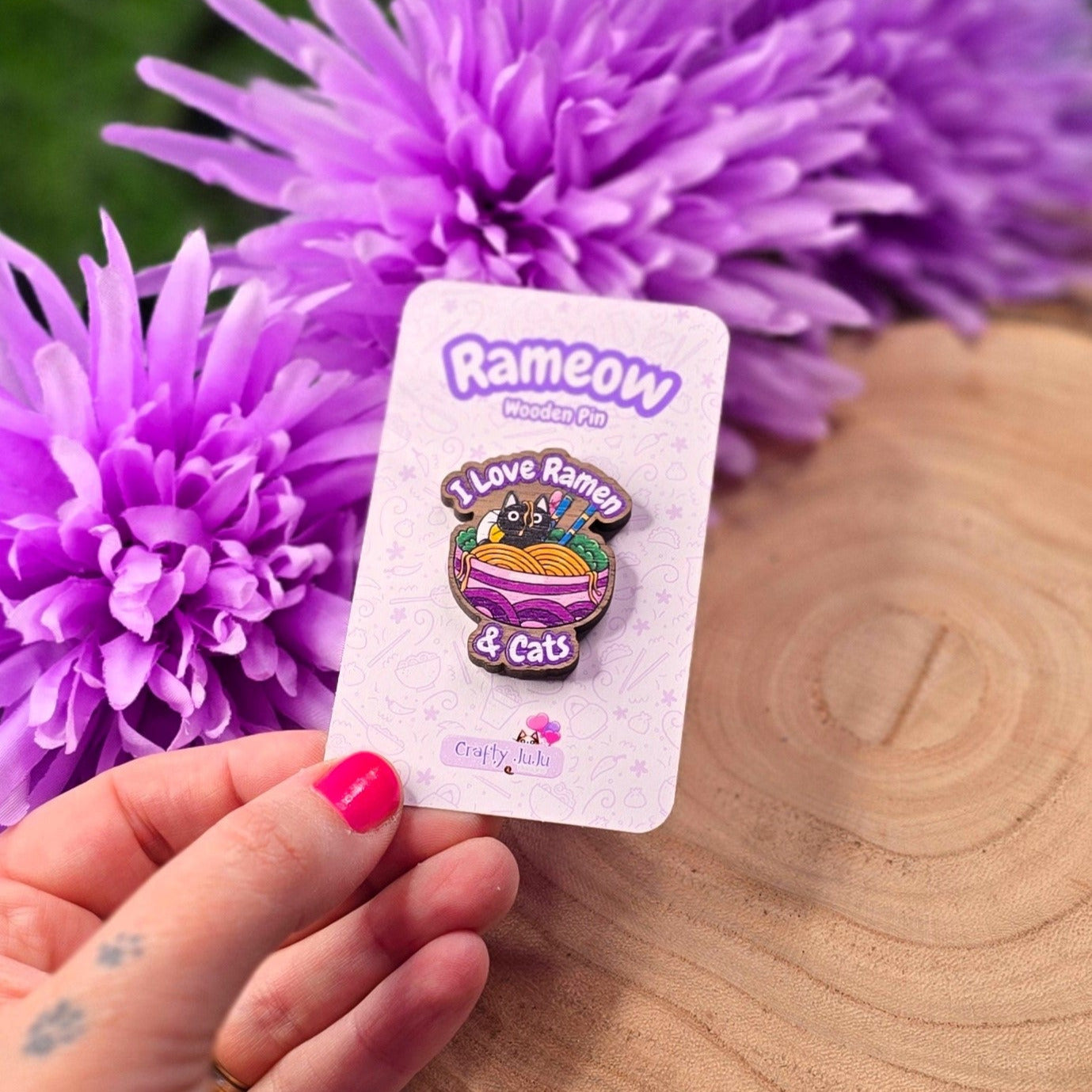I Love Ramen & Cats Cat in Ramen Bowl Eco-Friendly Wooden Pin – Cute & Sustainable Kawaii Accessory