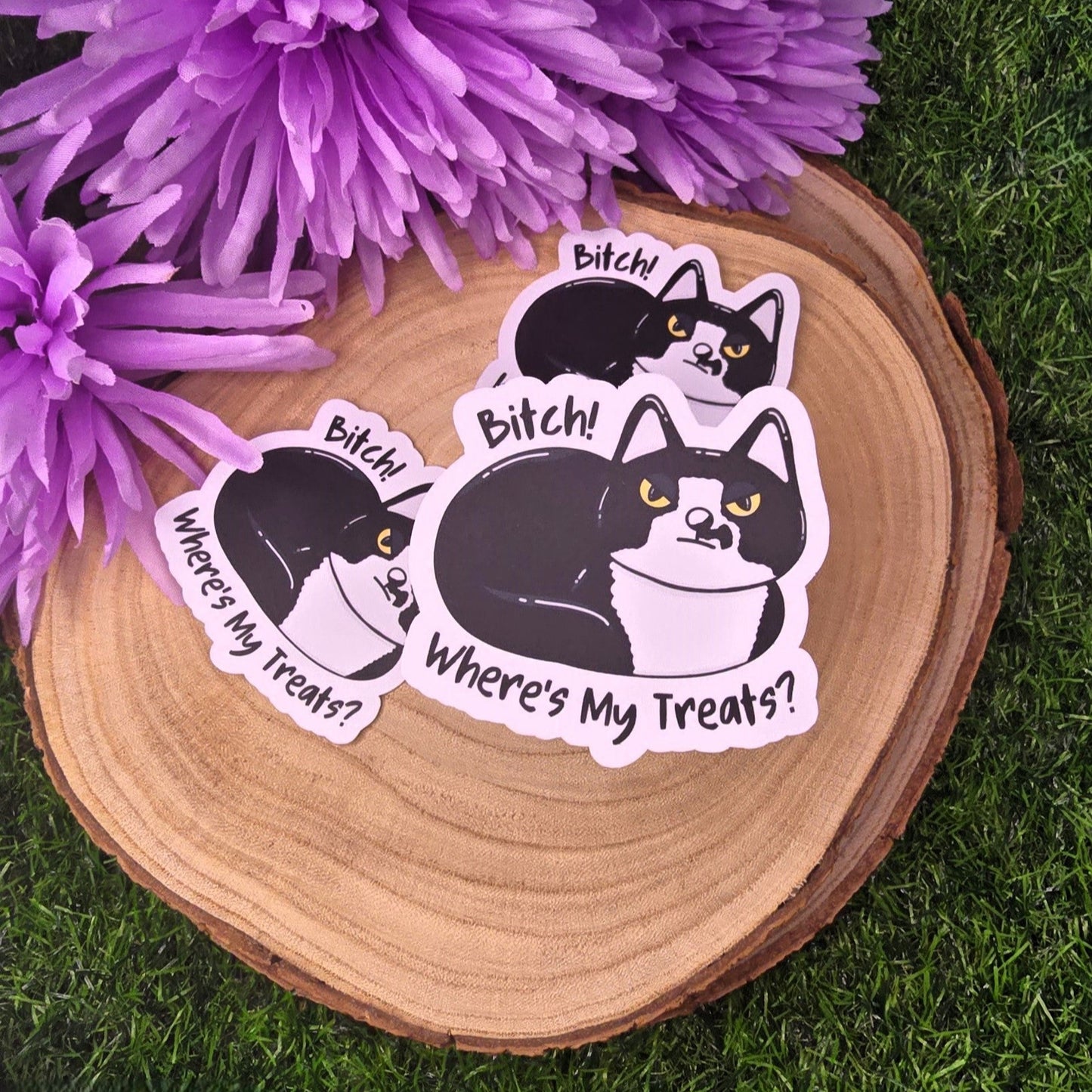 3 stickers with cat illustrations and text on a wooden surface with purple flowers.