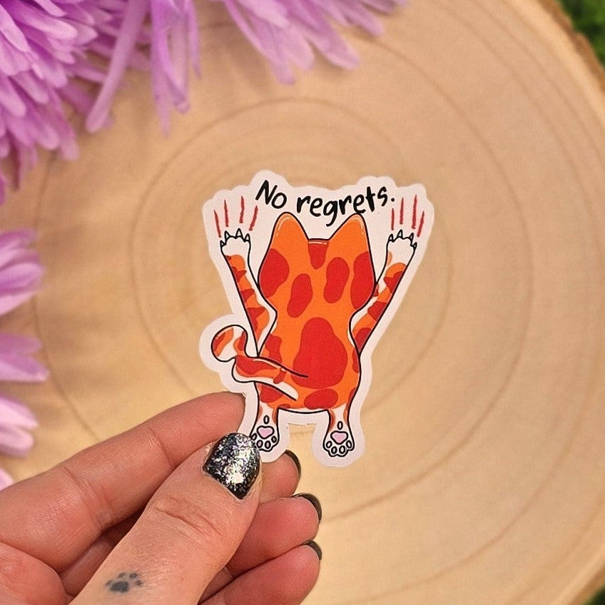 No Regrets – Funny Ginger Cat Vinyl Sticker - Tony Scratching Down Wall