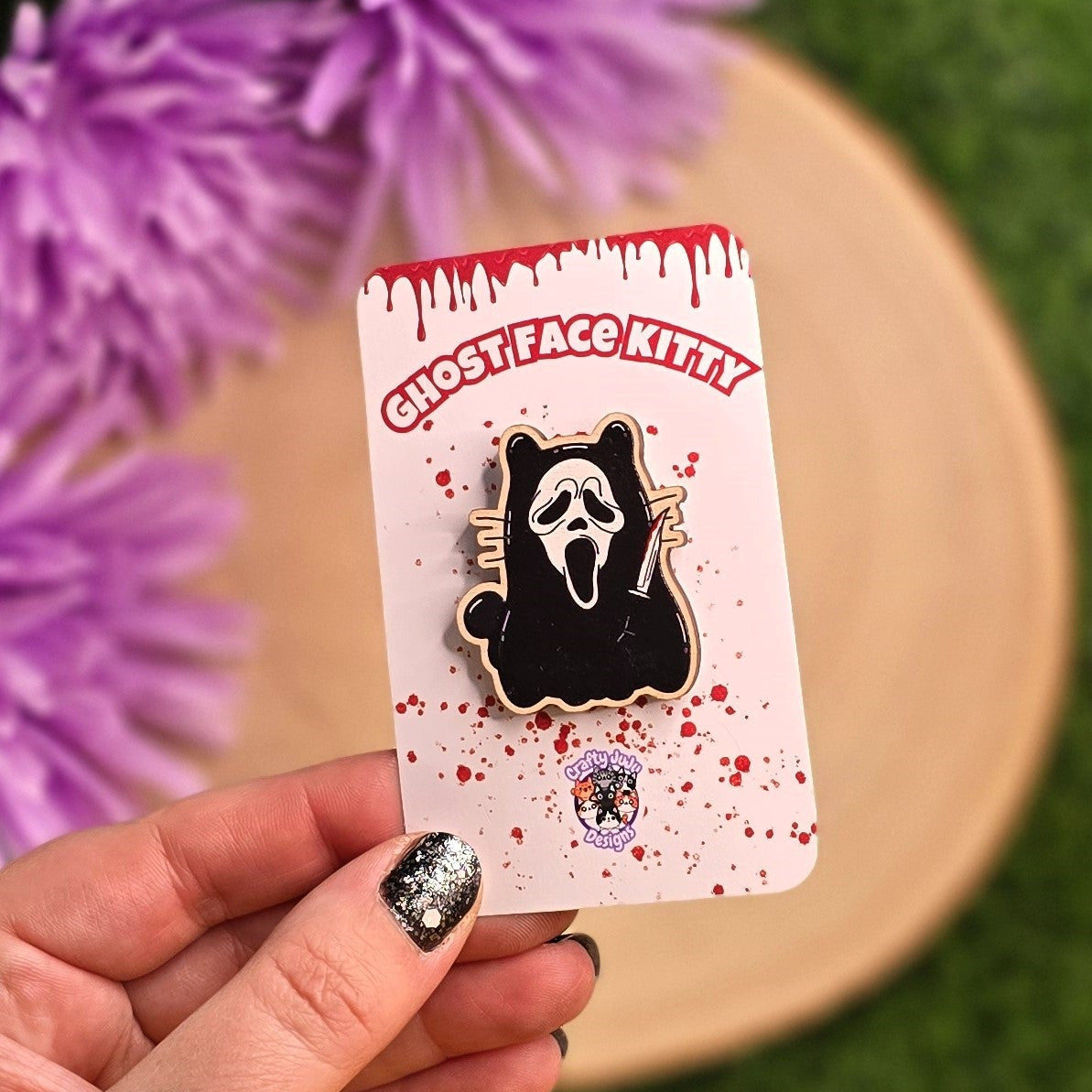 Spooky Ghost Face Kitty Black Cape Cat Wooden Pin | Horror Kitty Collectable Pin