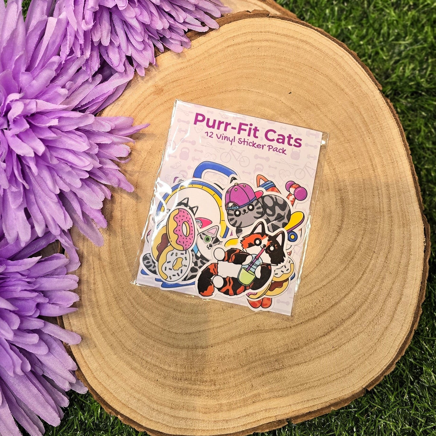Purr-Fit Cats vinyl sticker pack with 12 fitness cat designs