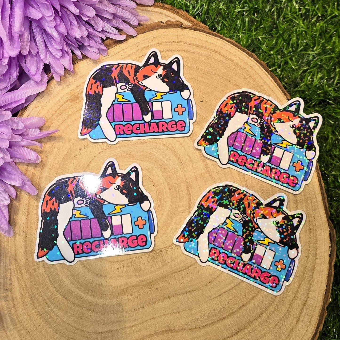 Holographic Recharge cat sticker with low battery icon