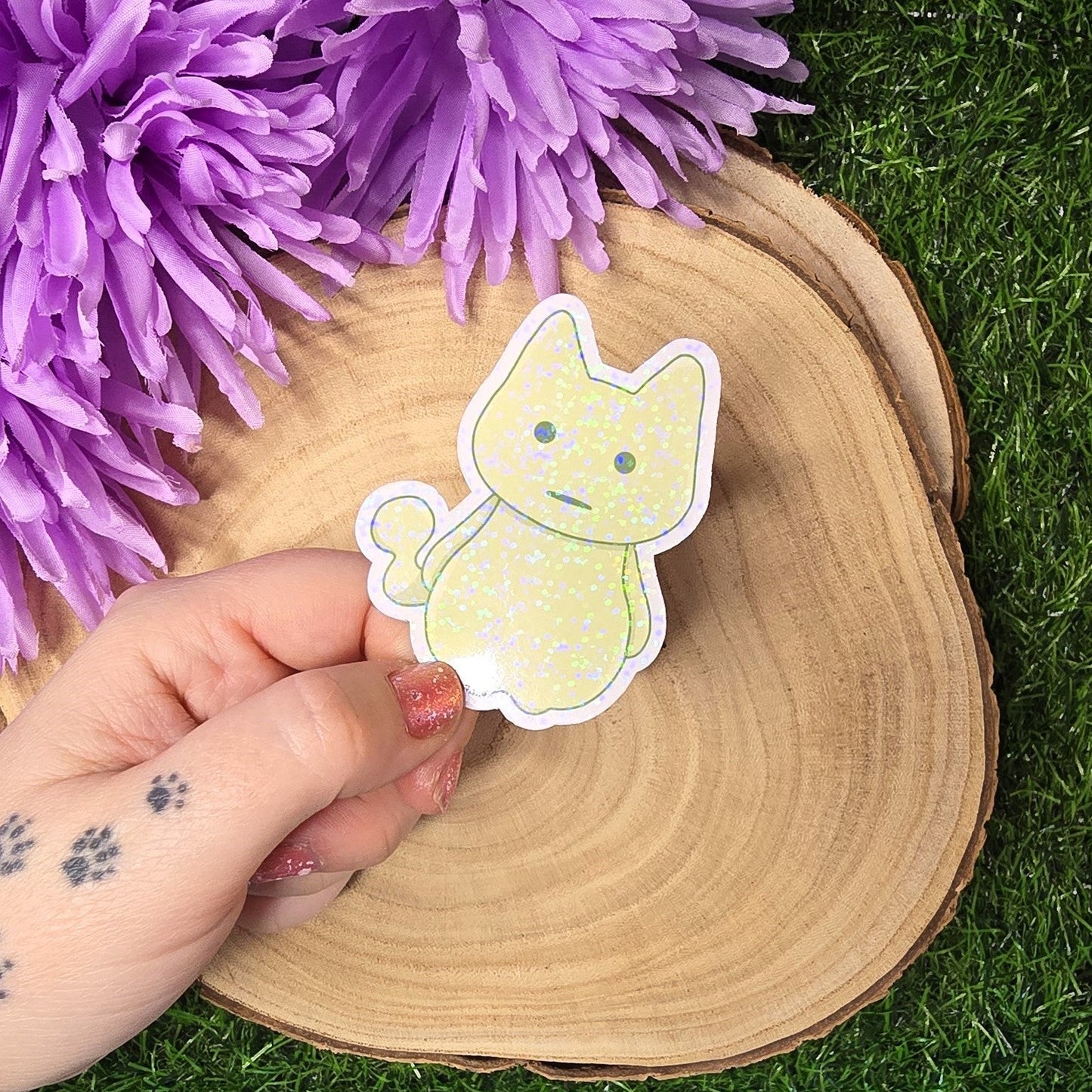 Holographic glow spirit cat vinyl sticker in pastel green, shy ghost style die cut waterproof handmade sticker 7.5cm UK