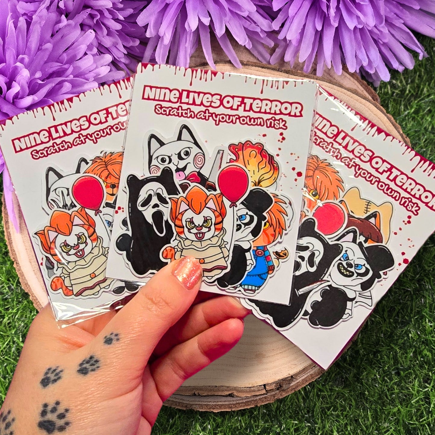 9 Lives of Terror matte vinyl cat sticker pack featuring spooky horror inspired feline characters handmade in UK