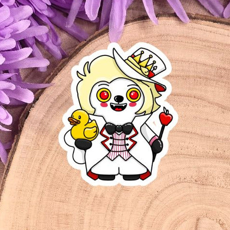 Cartoon character sticker on a wooden log with purple flowers in the background