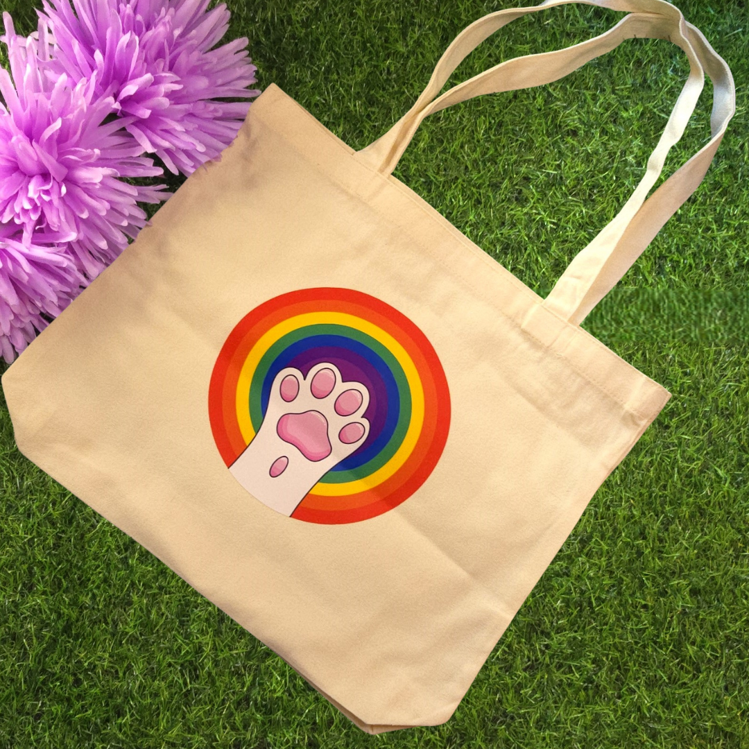 Rainbow Pride Cute Cat Paw Print Tote Bag