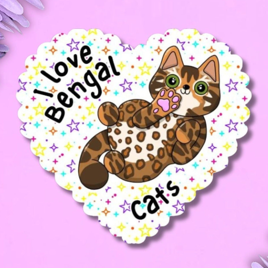 A heart-shaped sticker featuring an illustration of a Bengal cat with the text 'I love Bengal cats' on a light purple background with purple flowers in the corners.