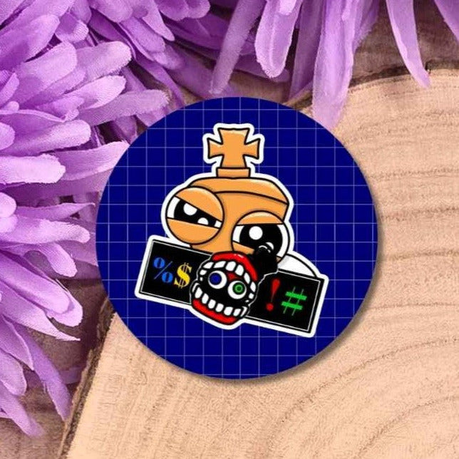 A round sticker featuring a cartoon character placed on a wooden surface with purple flowers in the background.