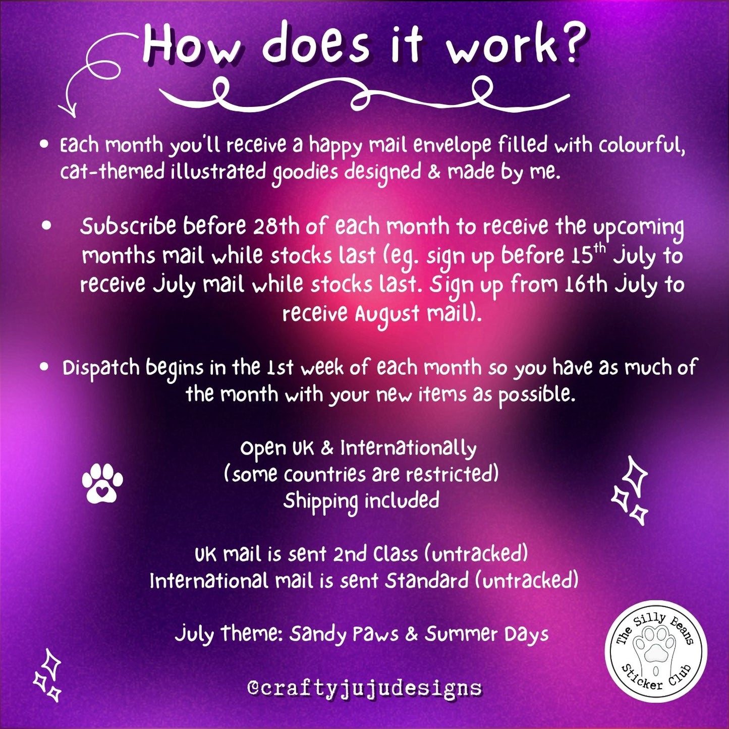 Purple background with white text explaining a subscription service for cat-themed illustrated goodies, featuring 'The Silly Paws Sticker Club' logo.