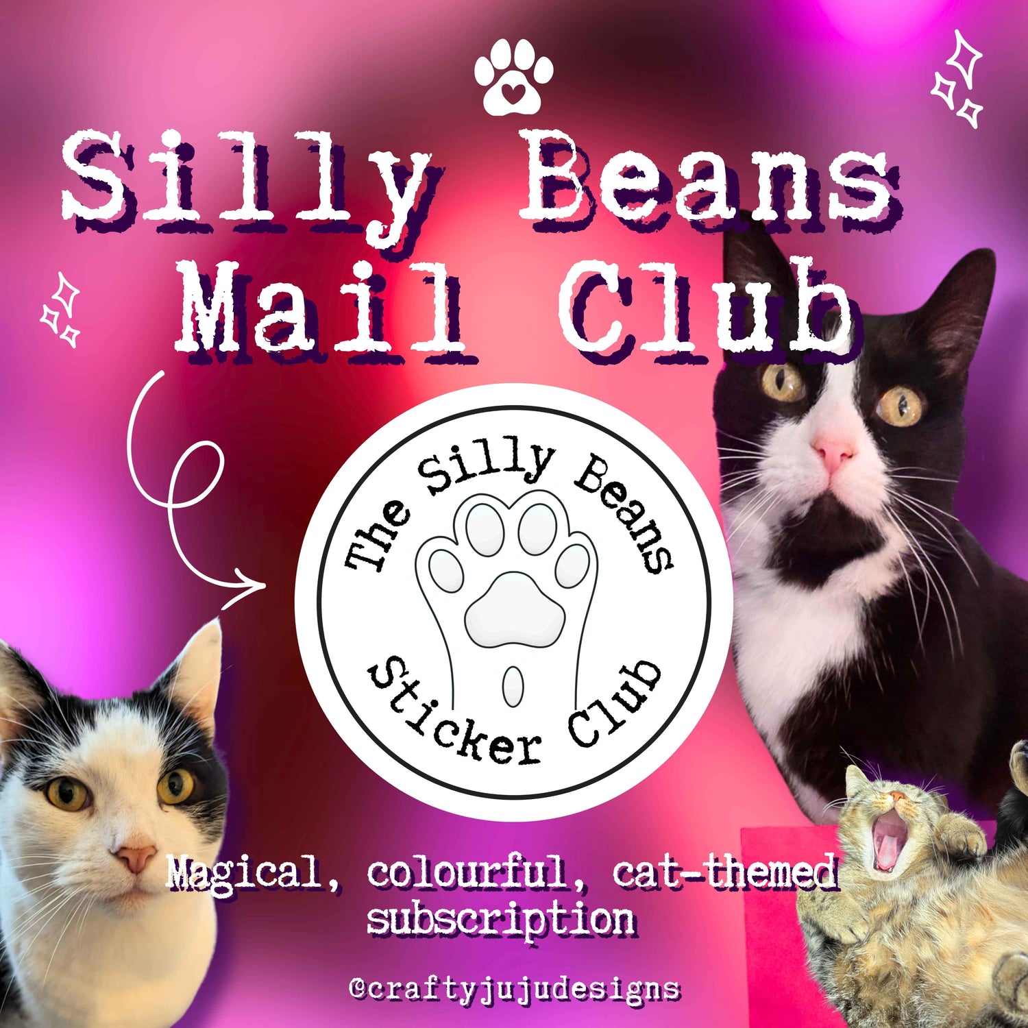 silly beans sticker club logo with 3 of our cats in the picture. background is a mix of pinks and purples