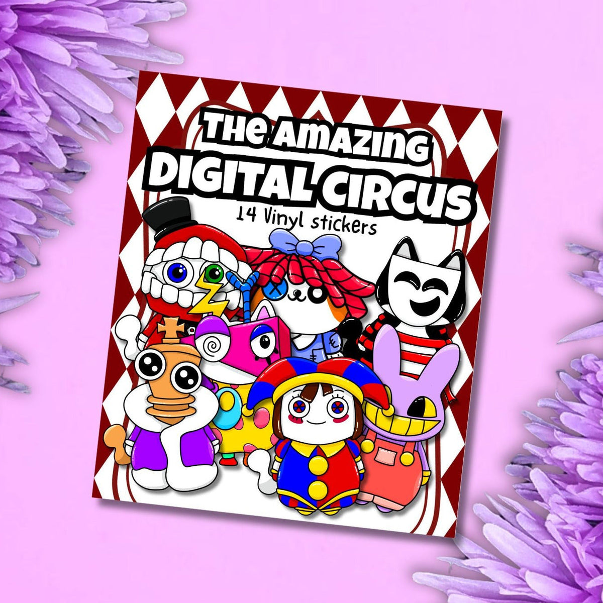A square sticker pack cover titled 'The Amazing Digital Circus' featuring cartoon circus characters, styled on a pink background with purple flowers at the corners.