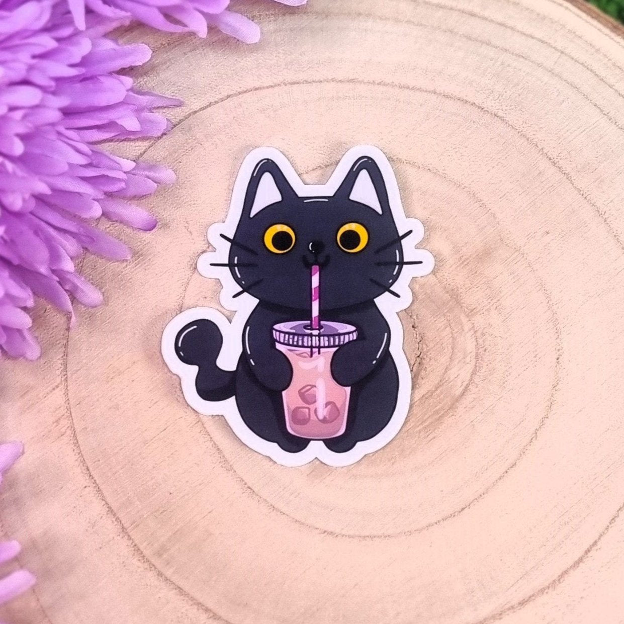 Luna The Black Cat With Her Cold Coffee Drink Large Die Cut Vinyl Sticker