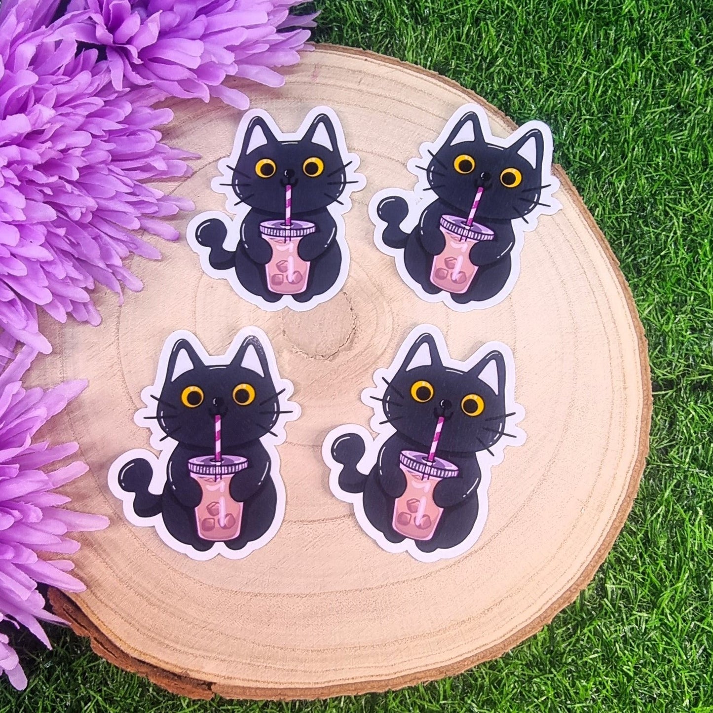 Luna The Black Cat With Her Cold Coffee Drink Large Die Cut Vinyl Sticker