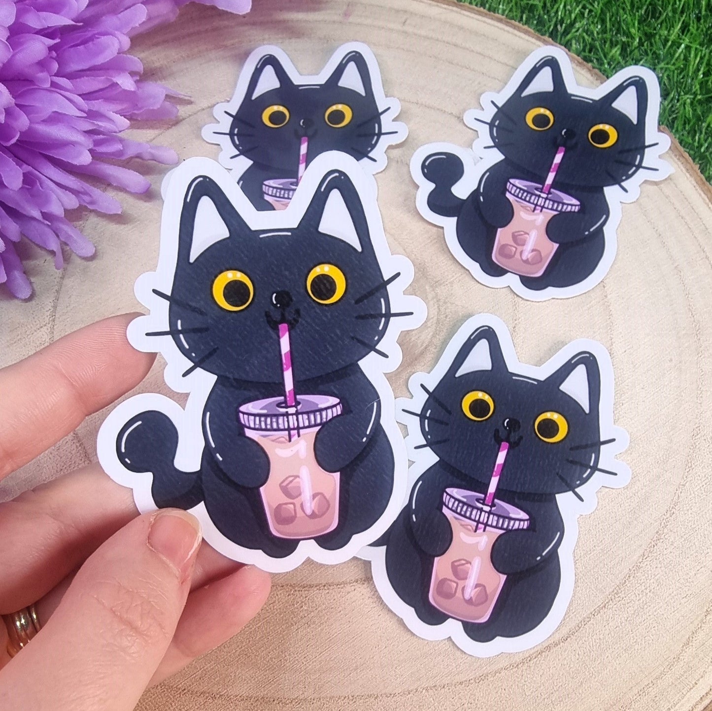 Luna The Black Cat With Her Cold Coffee Drink Large Die Cut Vinyl Sticker