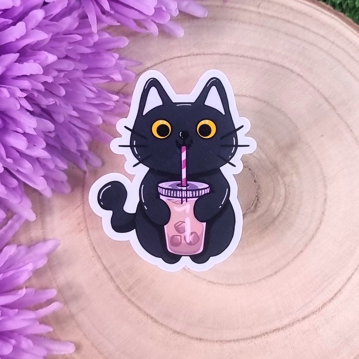 Luna The Black Cat With Her Cold Coffee Drink Large Die Cut Vinyl Sticker