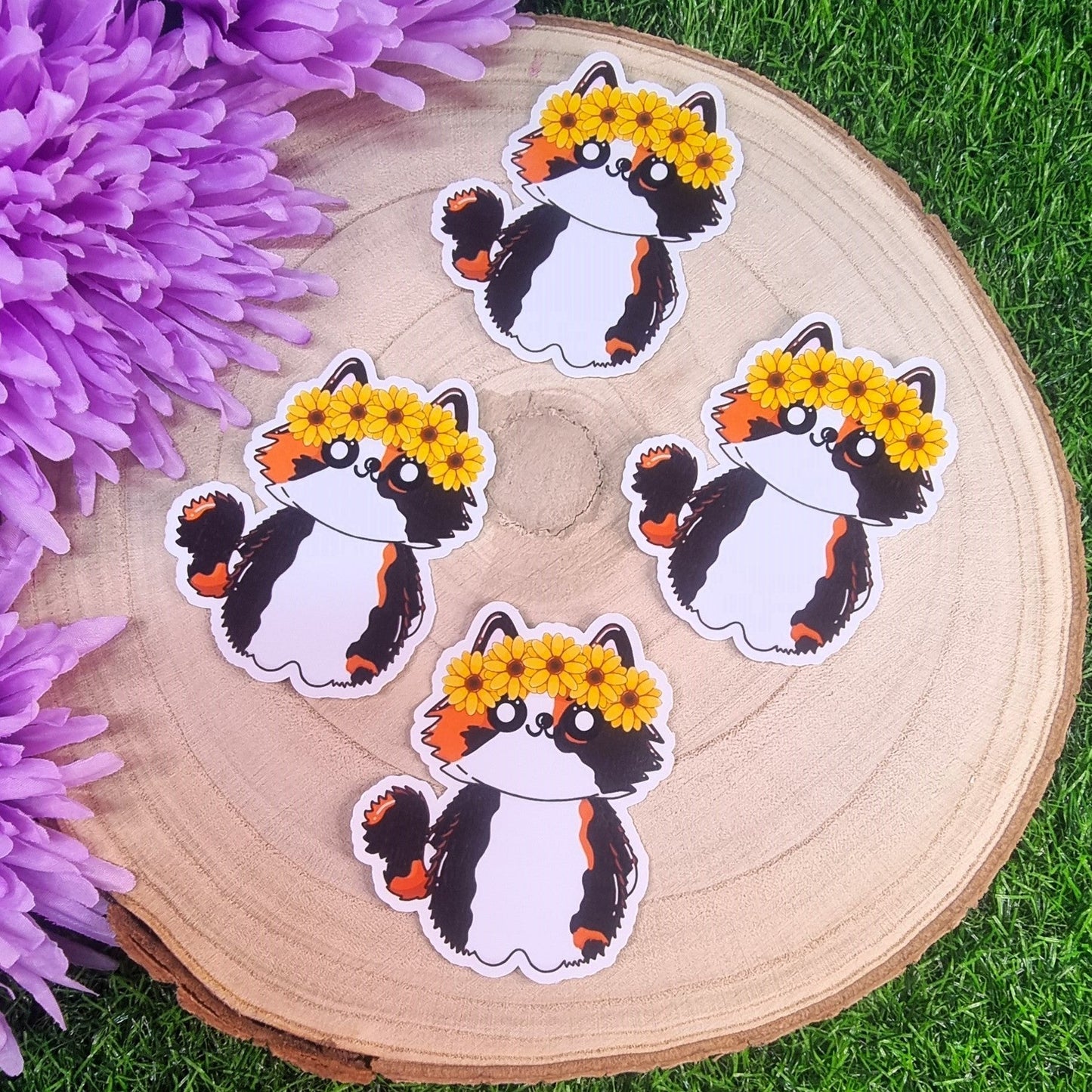 Nala The Tortoiseshell Cat With Her Sunflower Headband Large Die Cut Vinyl Sticker