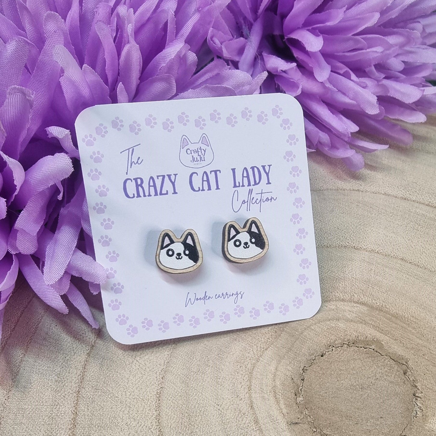 Crazy Cat Lady Wooden Earrings