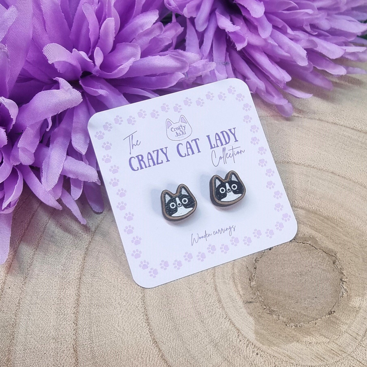 Crazy Cat Lady Wooden Earrings