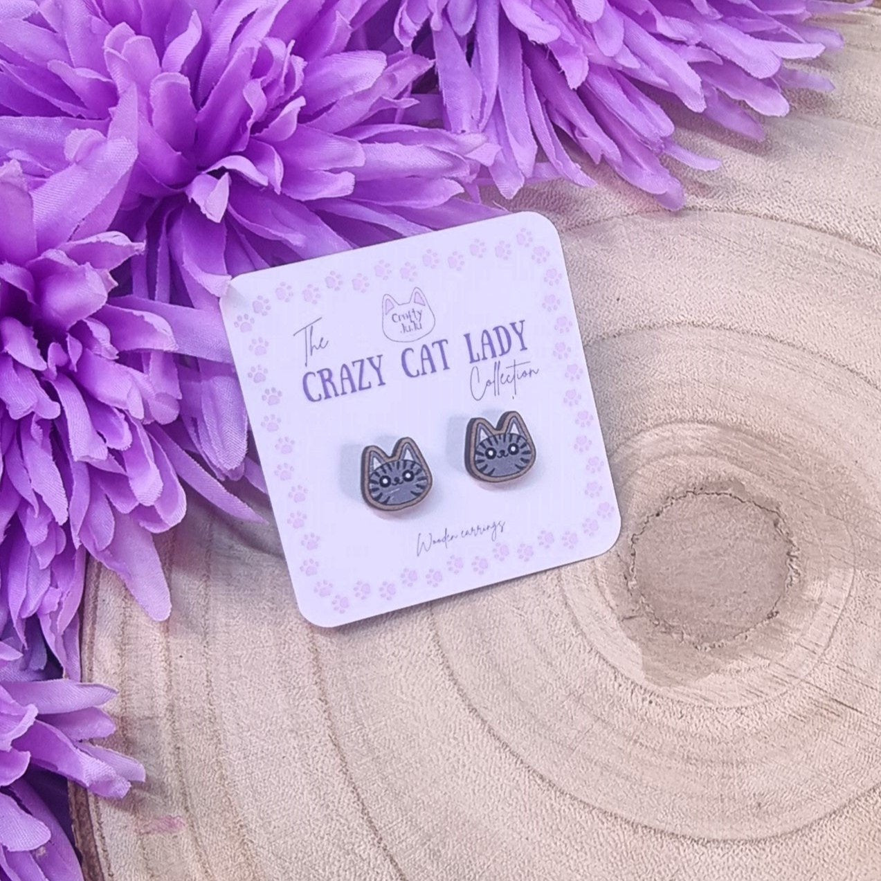 Crazy Cat Lady Wooden Earrings