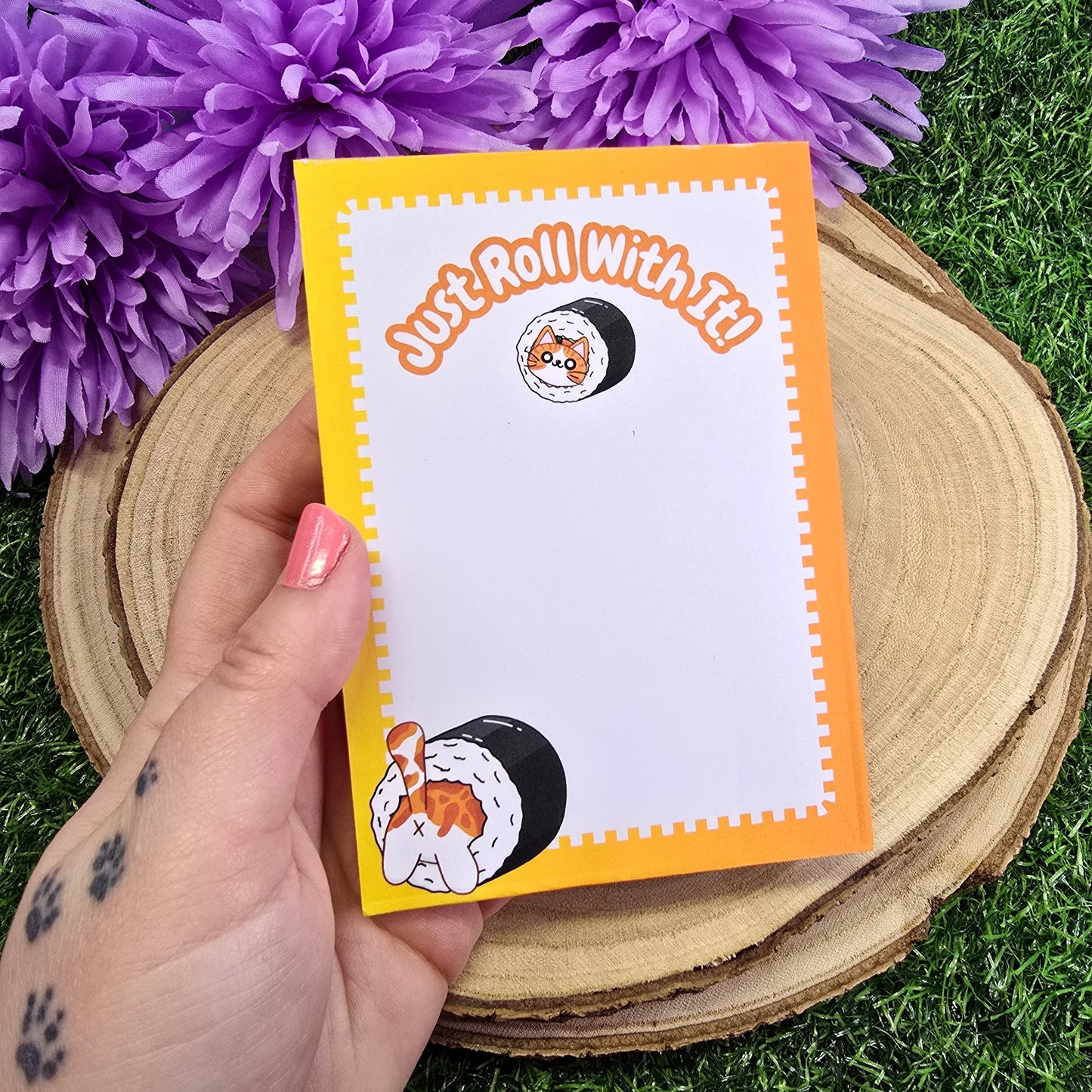 Just Roll With It Sushi Cat Handmade Notepad – Cute & Kawaii Stationery for Notes & Lists