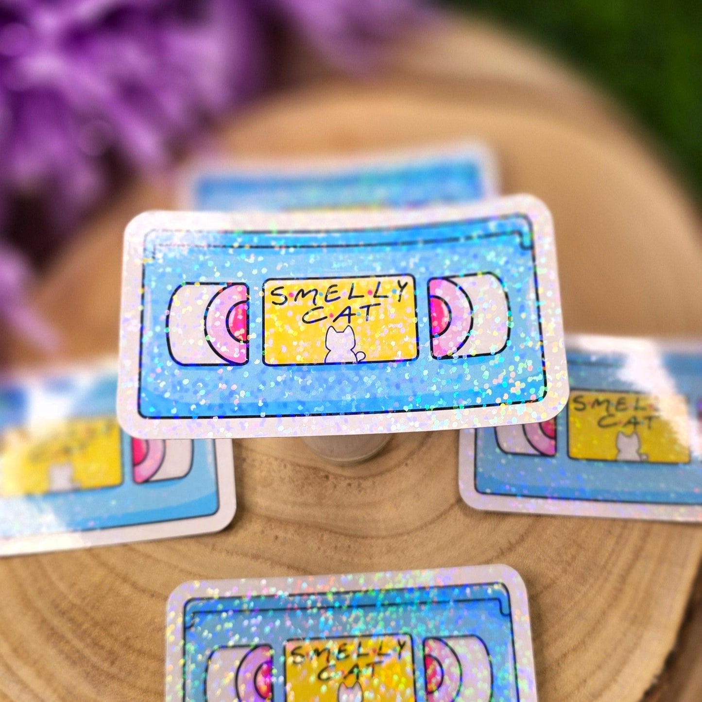 Smelly Cat Themed Video Tape Large Vinyl Holographic Sticker