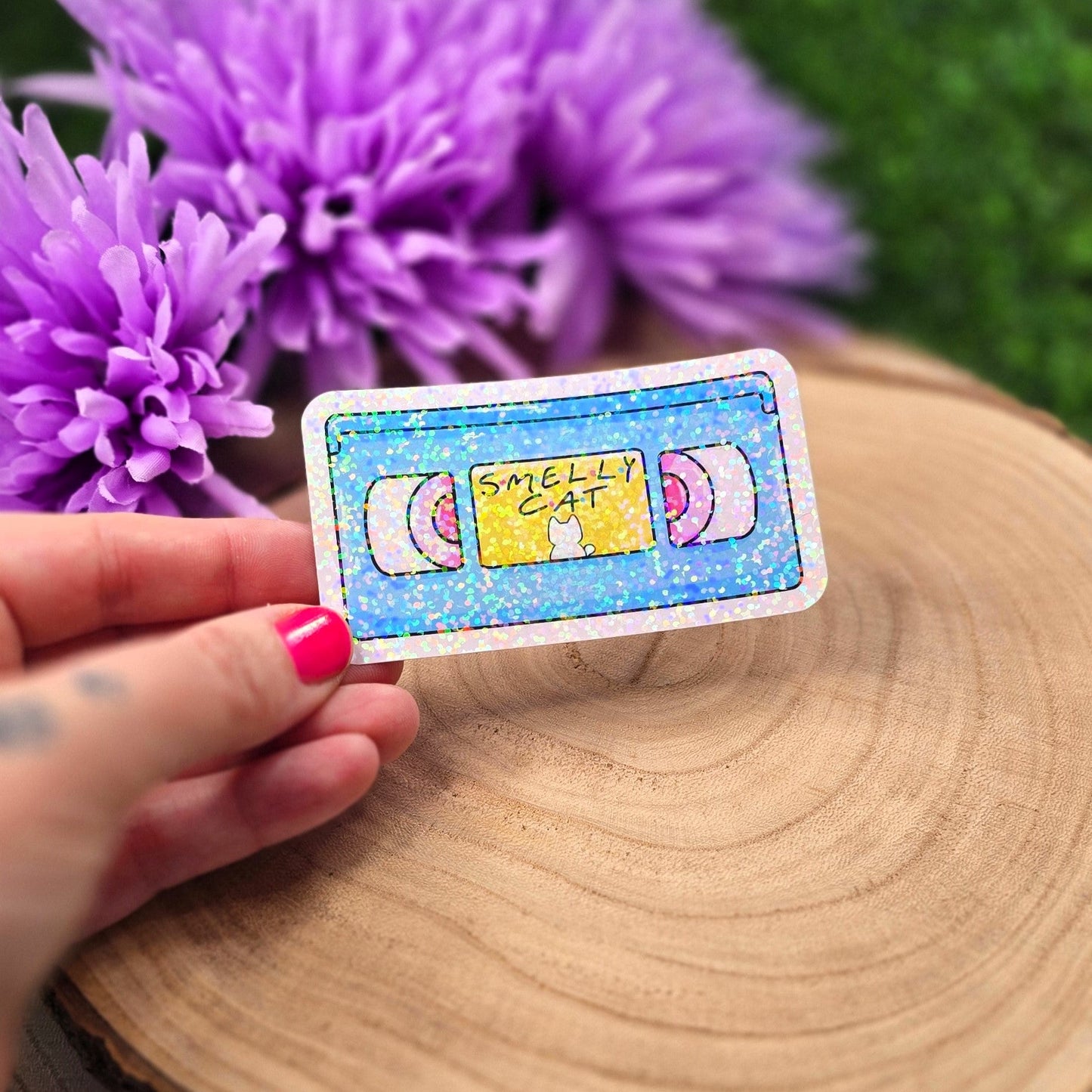 Smelly Cat Themed Video Tape Large Vinyl Holographic Sticker