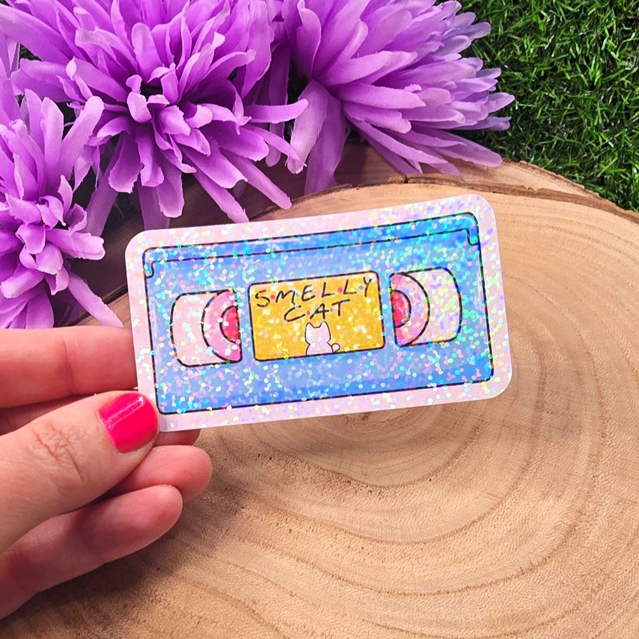 Smelly Cat Themed Video Tape Large Vinyl Holographic Sticker
