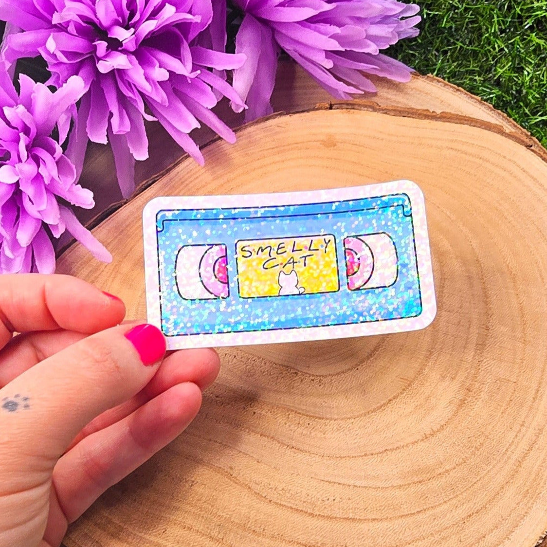 Smelly Cat Themed Video Tape Large Vinyl Holographic Sticker