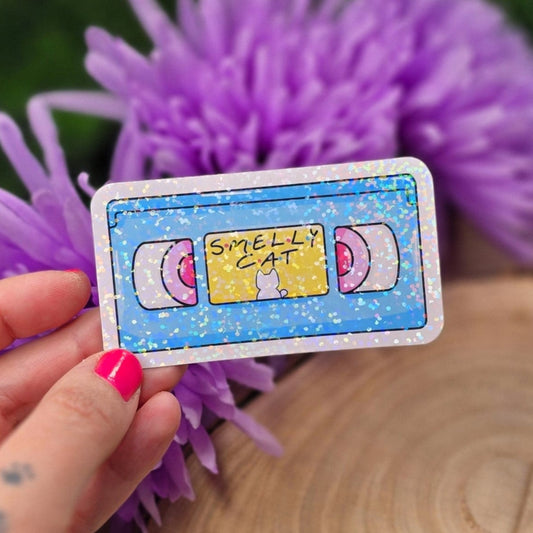 Smelly Cat Themed Video Tape Large Vinyl Holographic Sticker