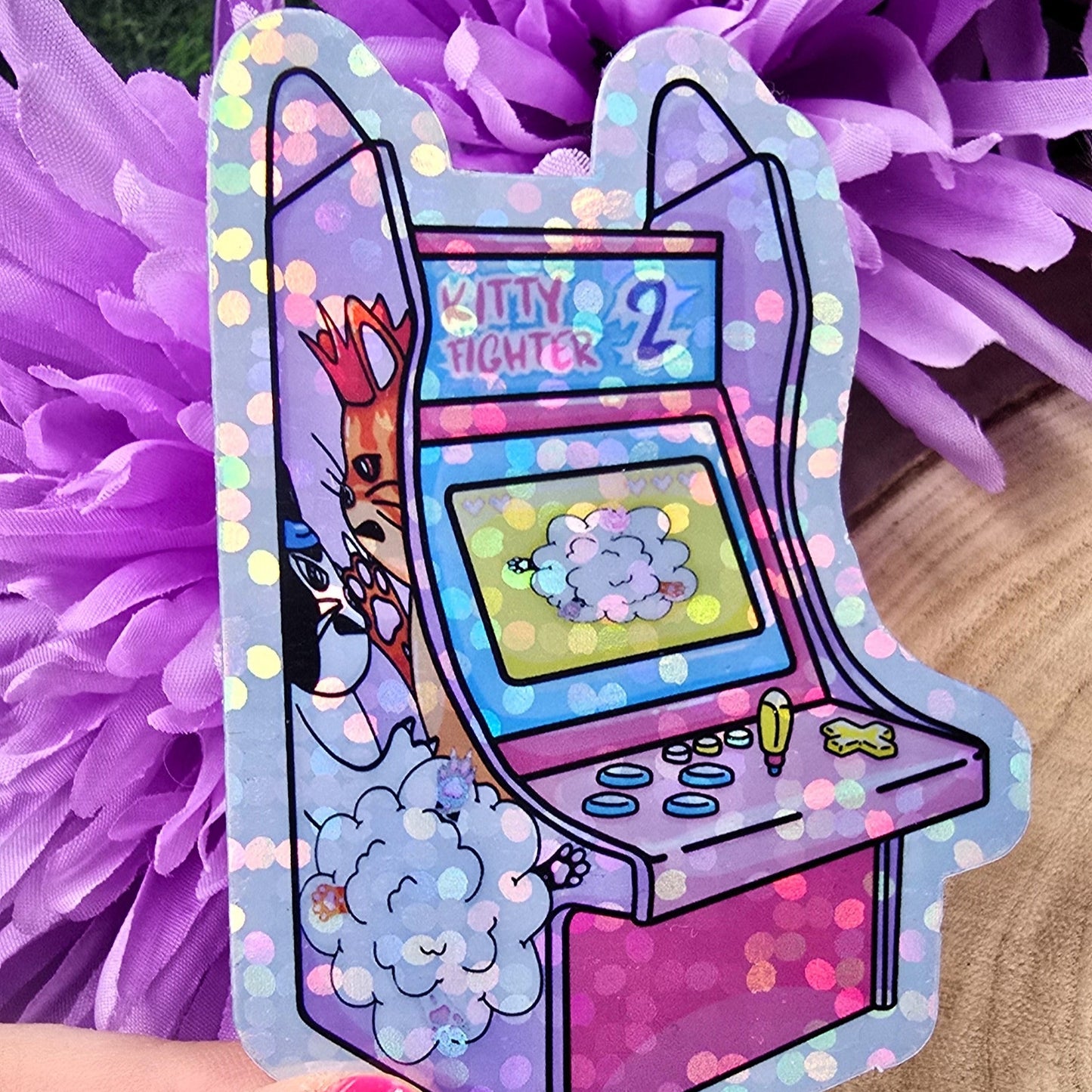 Arcade Cat Themed Large Vinyl Holographic Sticker