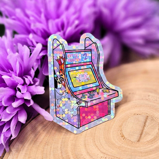 Arcade Cat Themed Large Vinyl Holographic Sticker