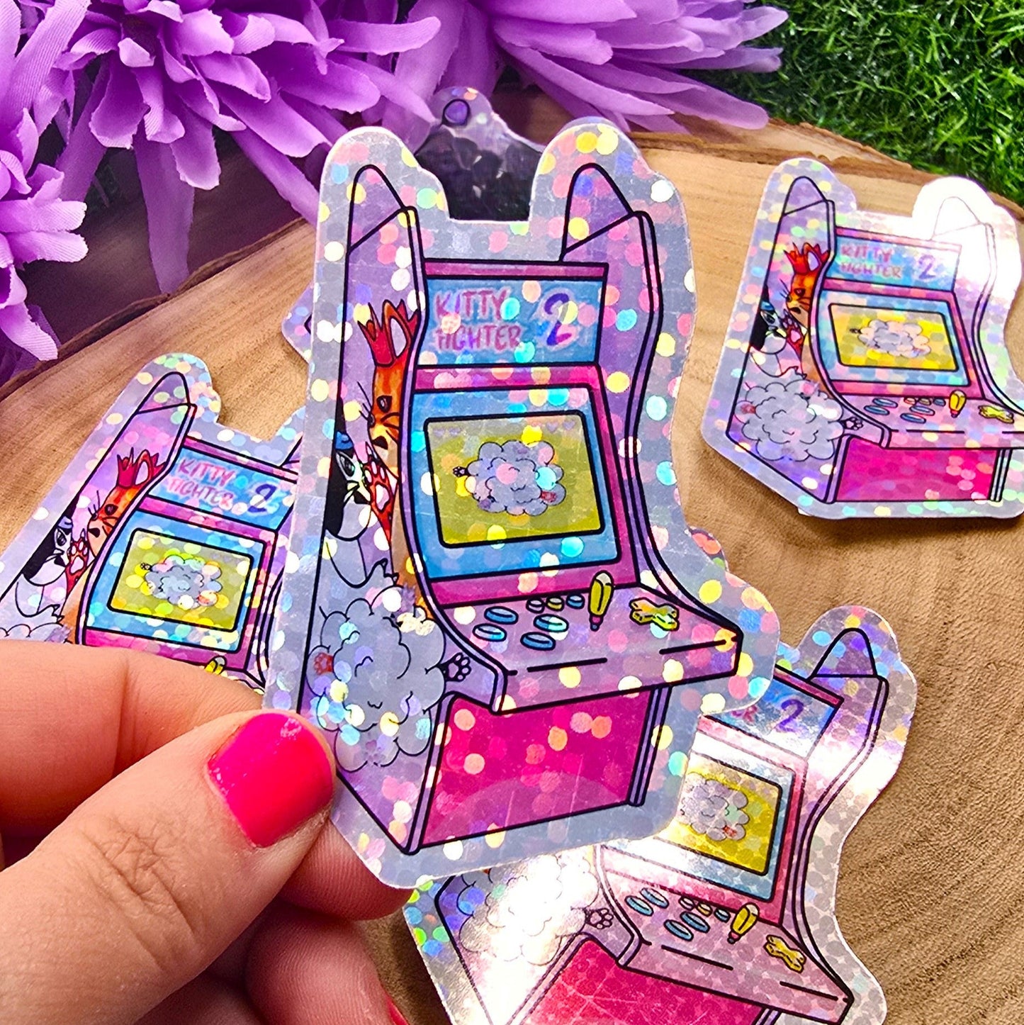 Arcade Cat Themed Large Vinyl Holographic Sticker
