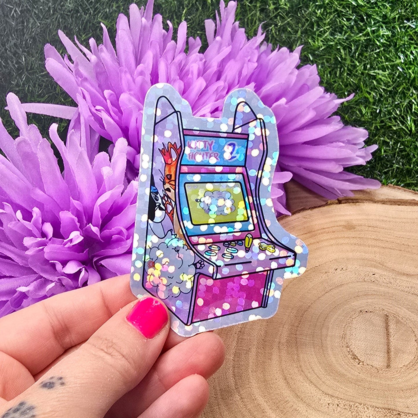 Arcade Cat Themed Large Vinyl Holographic Sticker