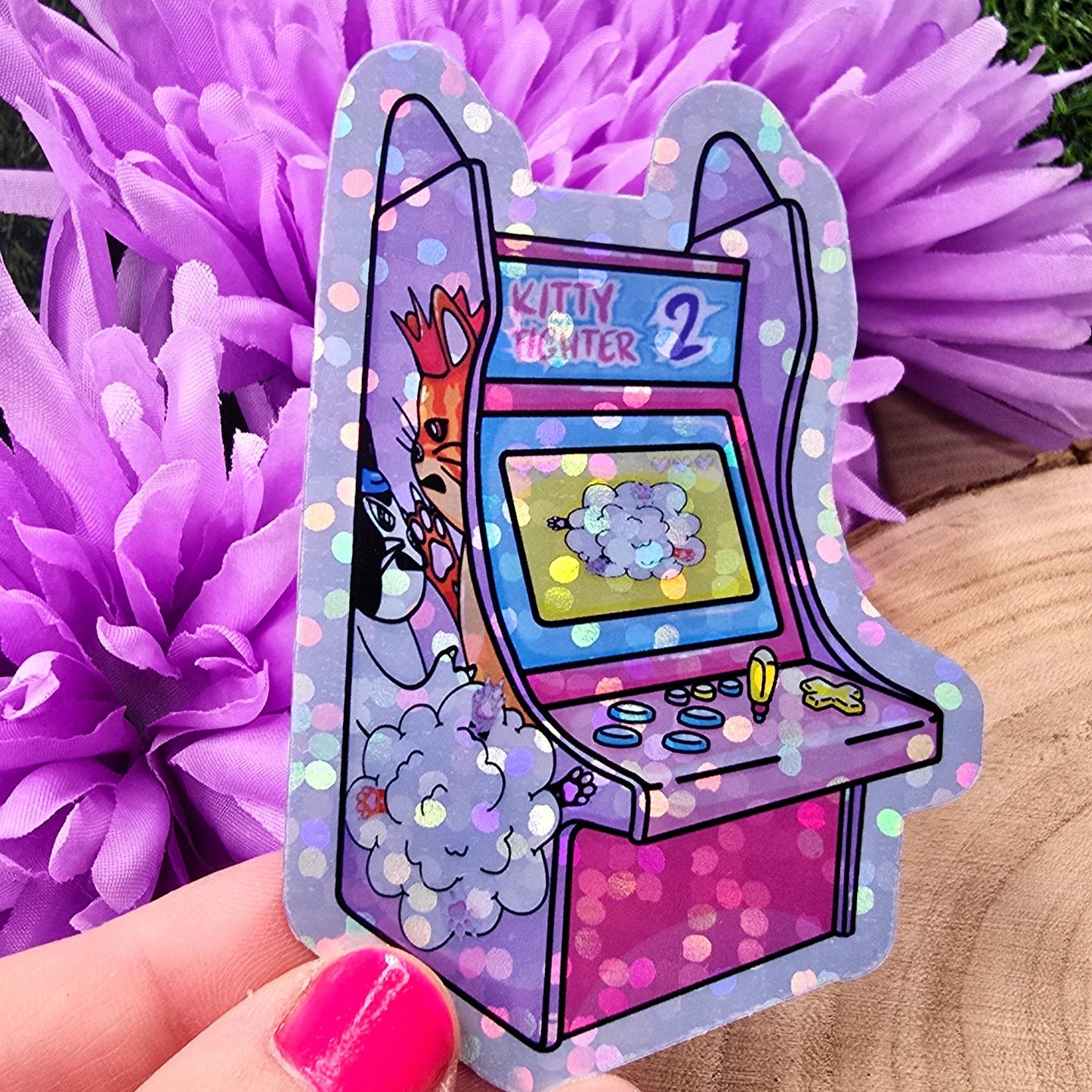 Arcade Cat Themed Large Vinyl Holographic Sticker