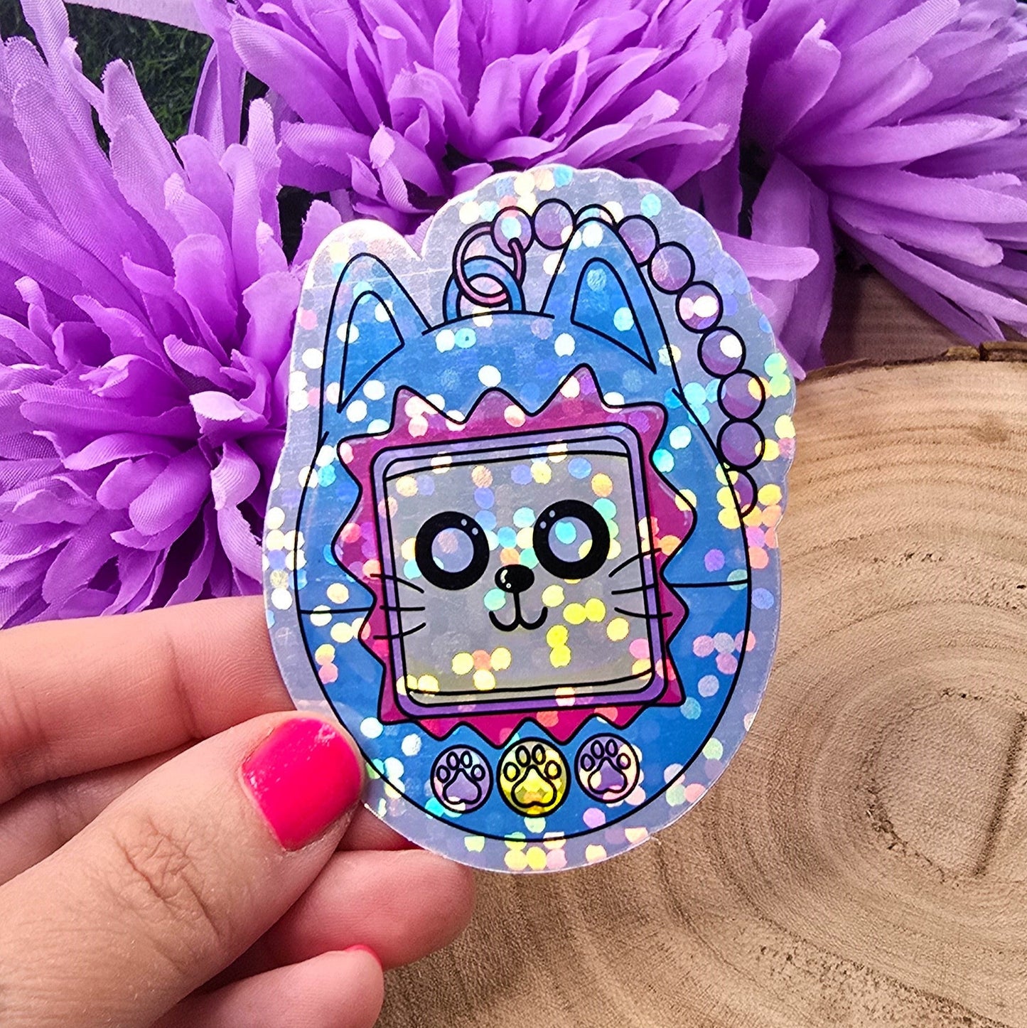 Meowgotchi Cat Themed Large Vinyl Holographic Sticker