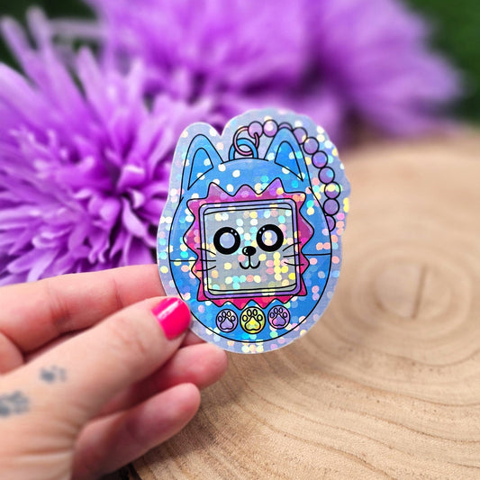 Meowgotchi Cat Themed Large Vinyl Holographic Sticker