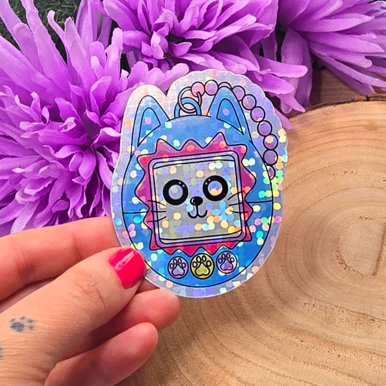 Meowgotchi Cat Themed Large Vinyl Holographic Sticker