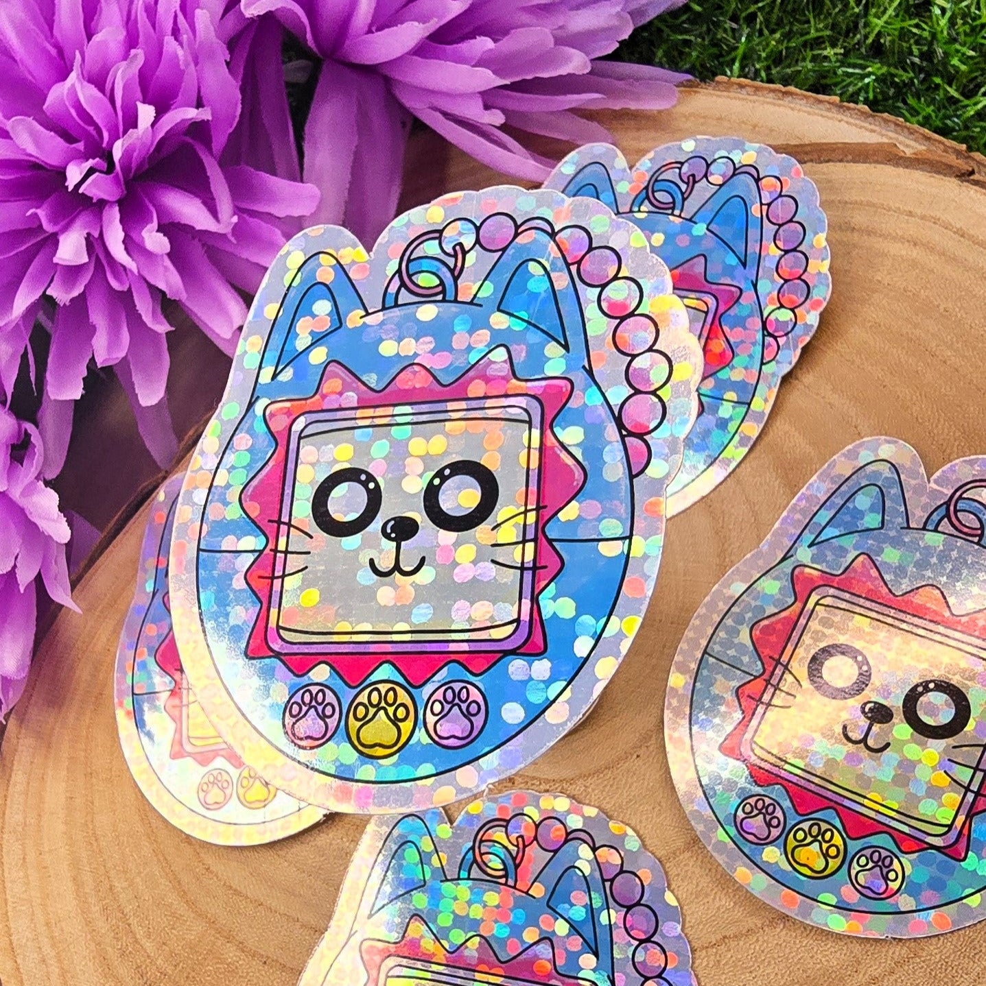 Meowgotchi Cat Themed Large Vinyl Holographic Sticker