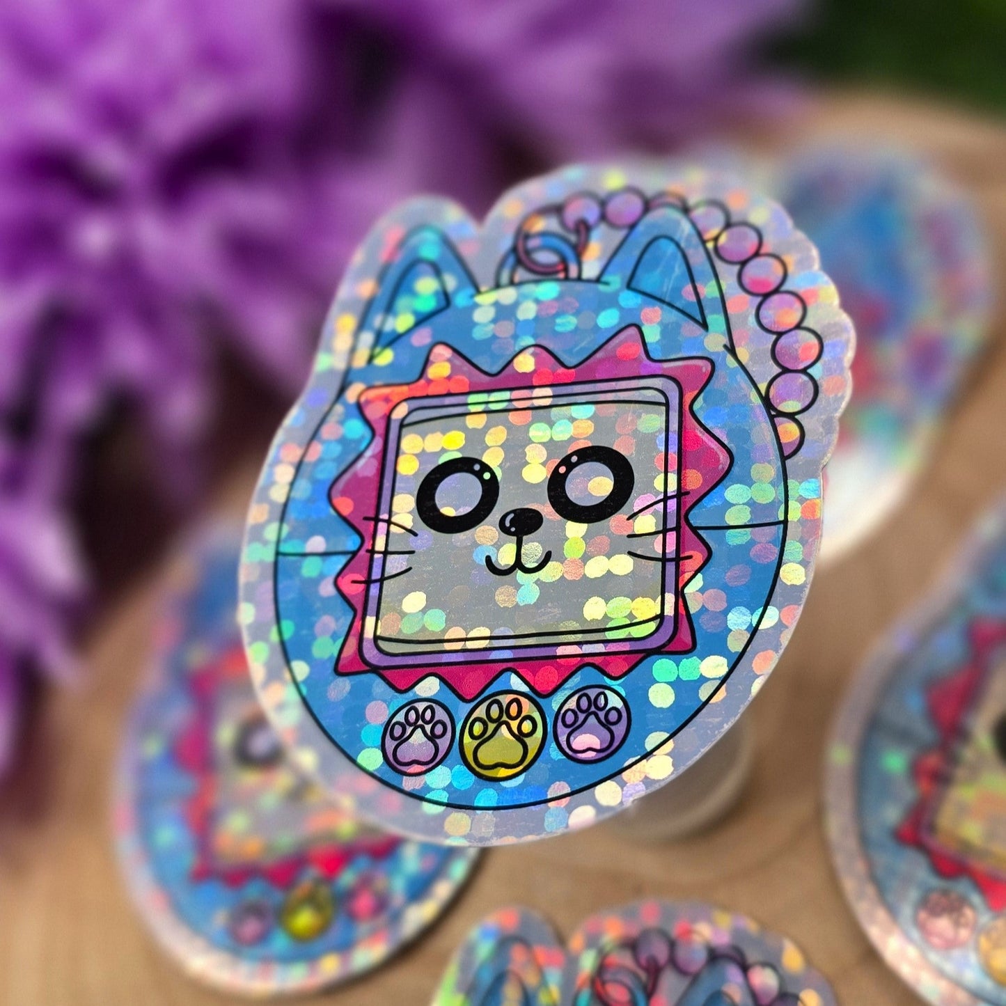 Meowgotchi Cat Themed Large Vinyl Holographic Sticker