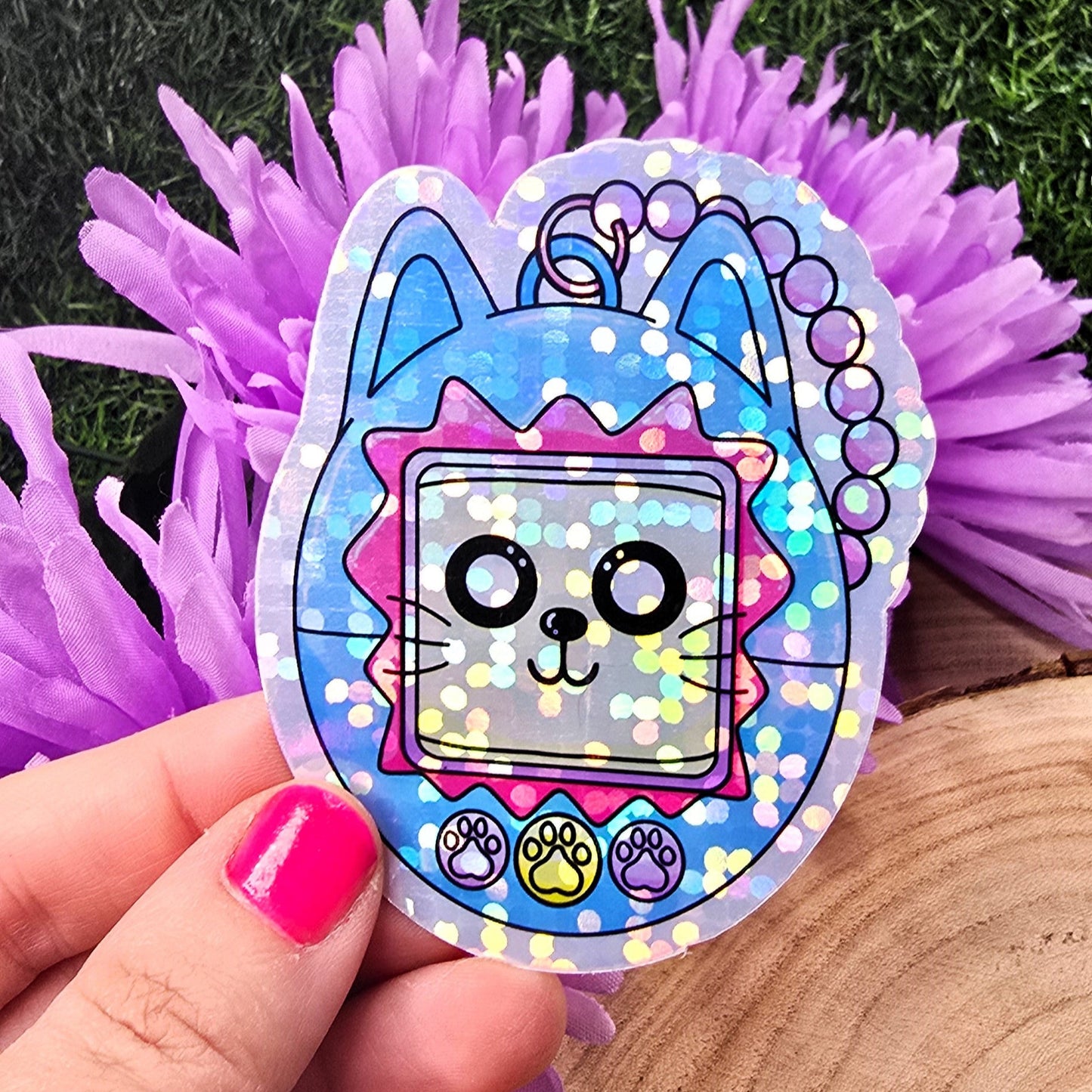 Meowgotchi Cat Themed Large Vinyl Holographic Sticker