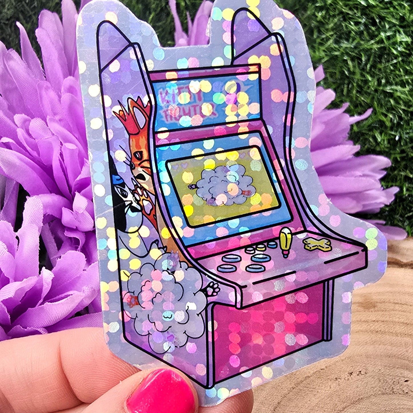 Arcade Cat Themed Large Vinyl Holographic Sticker