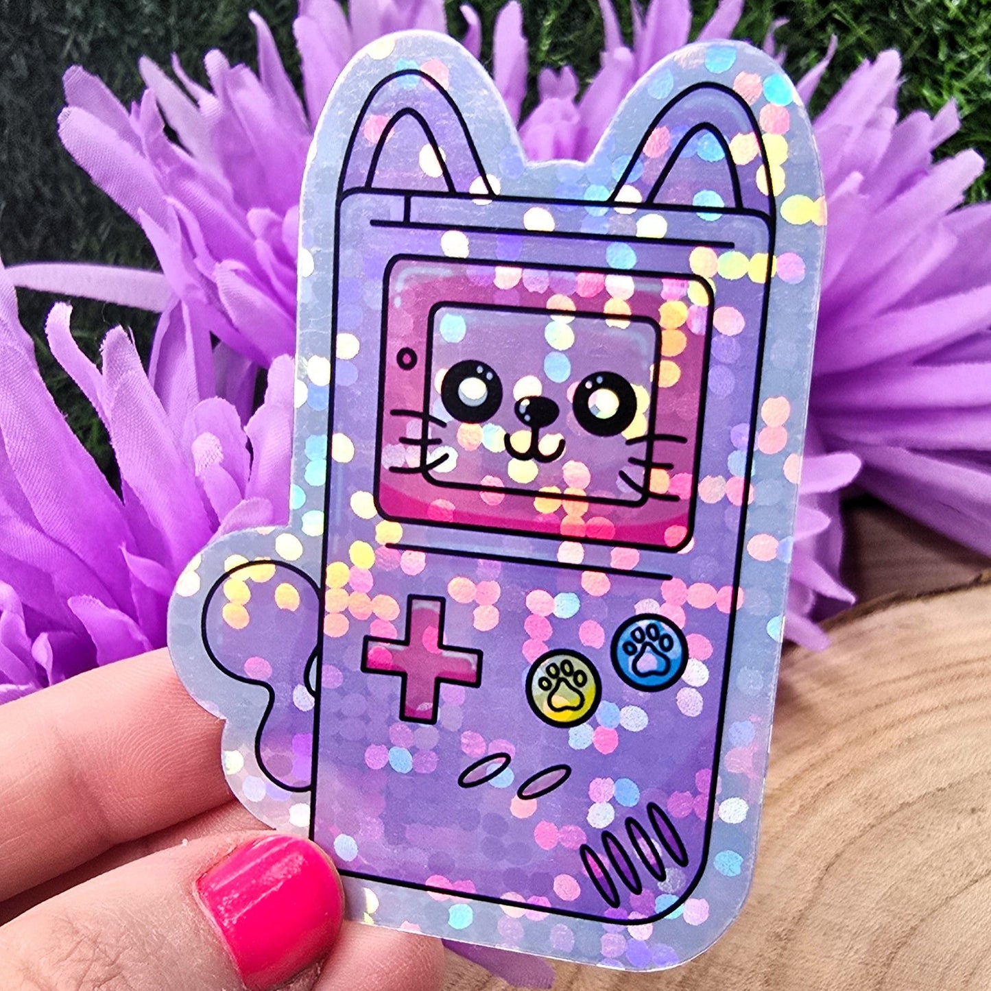 Retro Gamer Cat Themed Large Vinyl Holographic Sticker