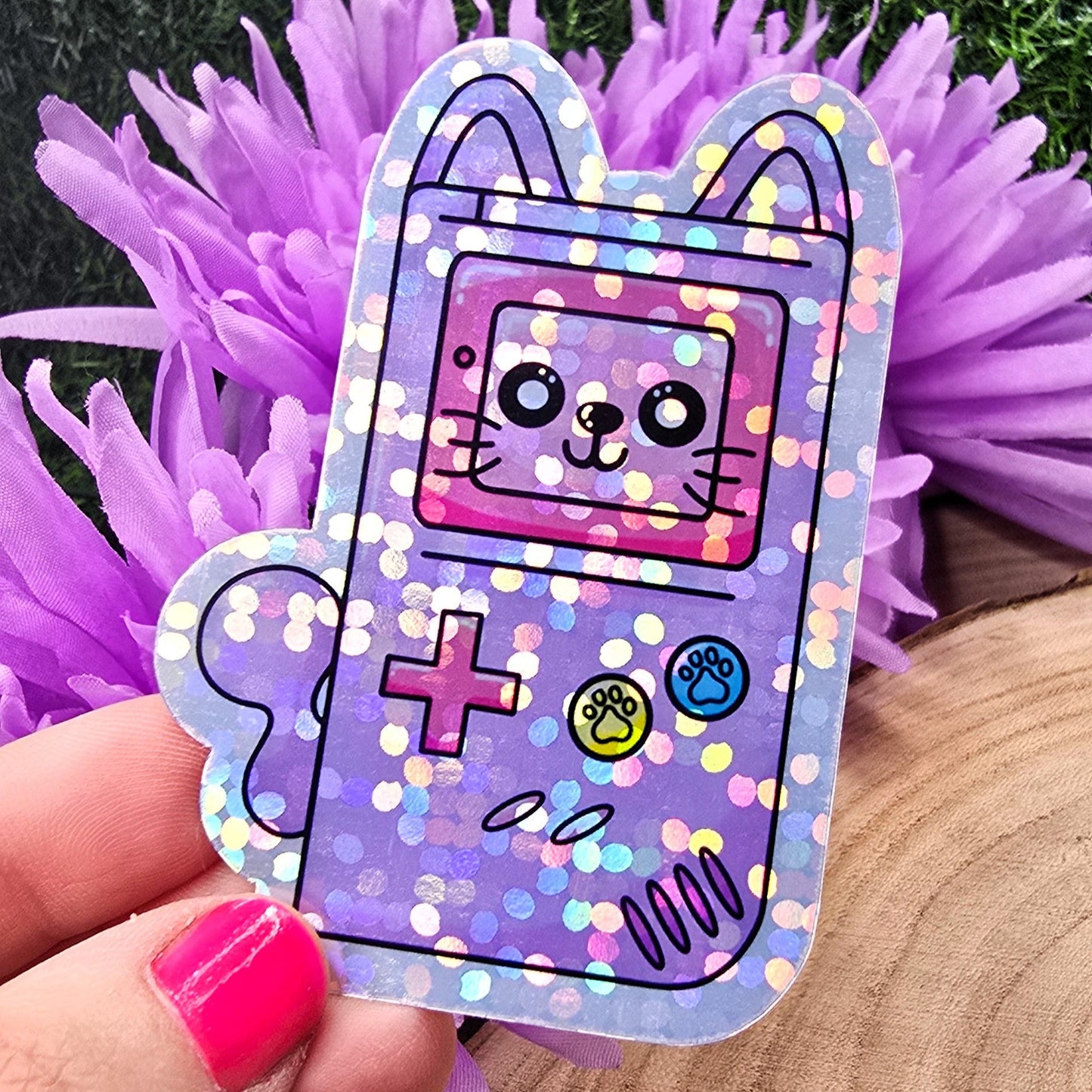 Retro Gamer Cat Themed Large Vinyl Holographic Sticker