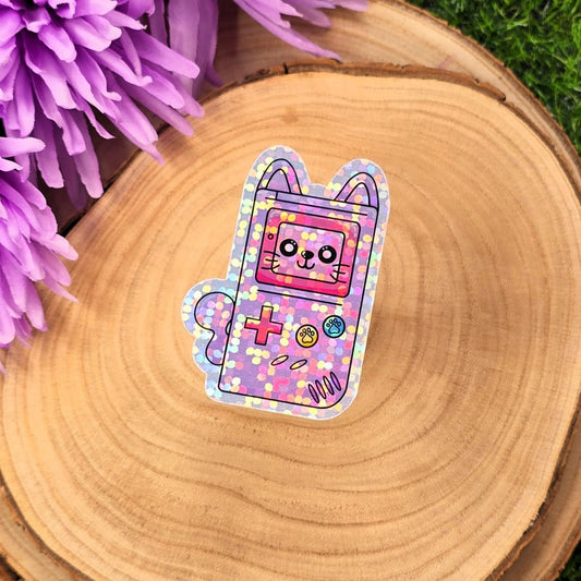 Retro Gamer Cat Themed Large Vinyl Holographic Sticker