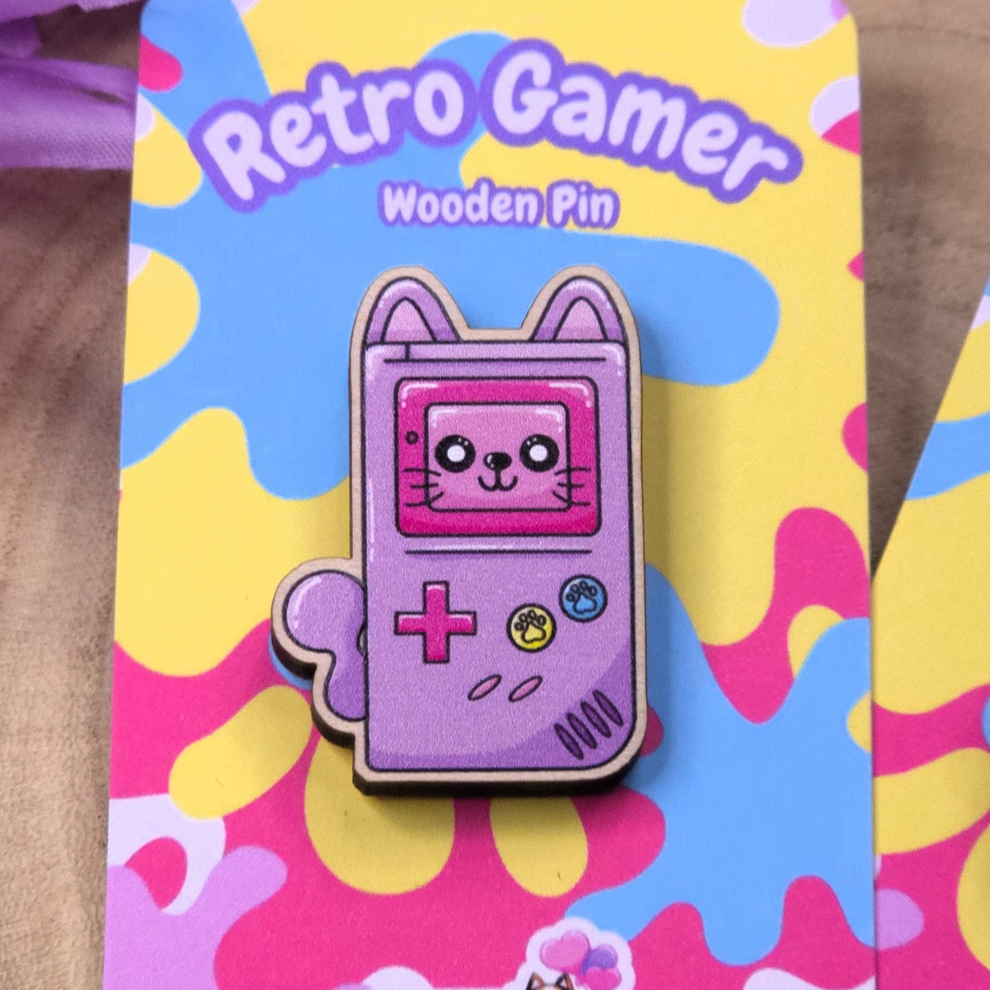 Retro Gamer Kitty Cat Eco-Friendly Wooden Pin
